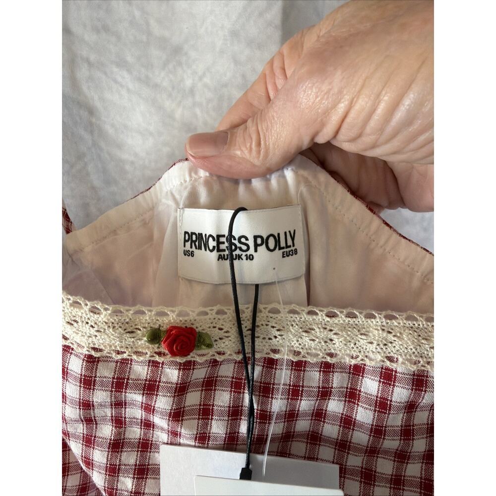 Princess Polly Gingham Mini Dress Red Check White Lace Tie Strap Sundress US 6 - Picture 5 of 10
